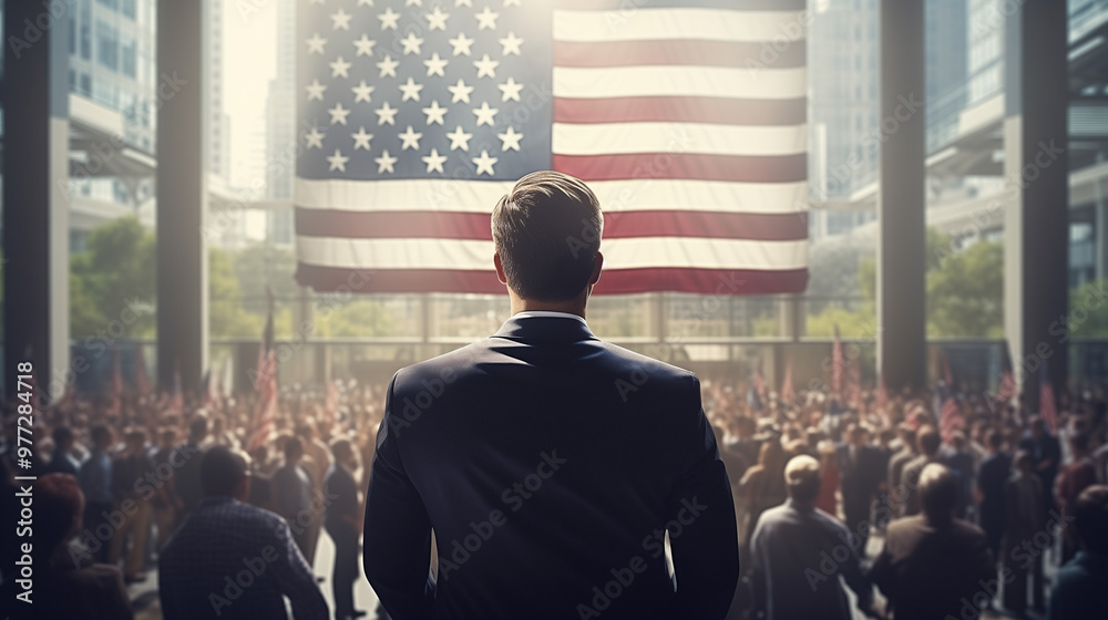 Back view of American impersonal politic or future possible president ...