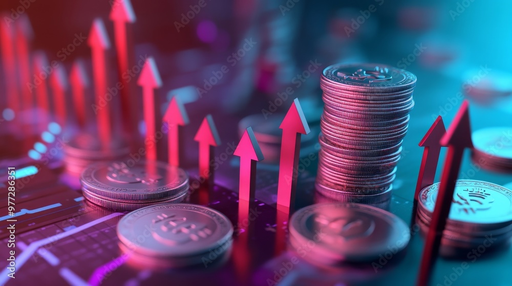 Arrow Rising Inflation Market inflation pressure depicted with rising arrows and shrinking ...