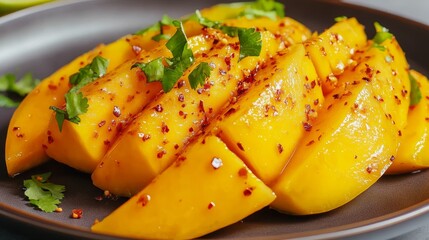 Fresh mango slices arranged on plate with chili lime seasoning, tropical and spicy fruit concept.