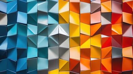Poster - A colorful wall made of triangles. The colors are blue, yellow, and red. The wall is made of metal and has a geometric design