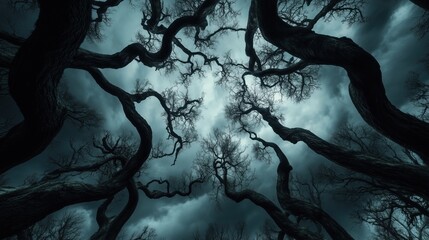Wall Mural - a forest with many trees, some of which are very tall and have twisted branches. the sky is dark and