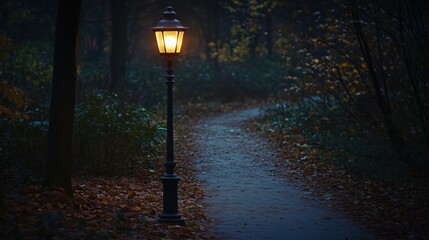 Wall Mural - a lamp post is lit up in a dark forest. the light casts a warm glow on the surrounding foliage, crea