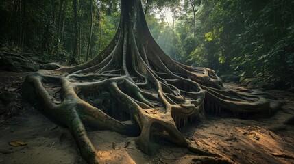 Wall Mural - a large tree with roots that are spread out in the sand. the roots are brown and appear to be dried 