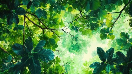 Wall Mural - a painting of a lush green forest with leaves and branches. the painting is full of life and energy,