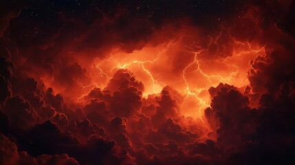 Wall Mural - a red sky with lightning bolts and clouds. the sky is dark and ominous. the clouds are thick and hea