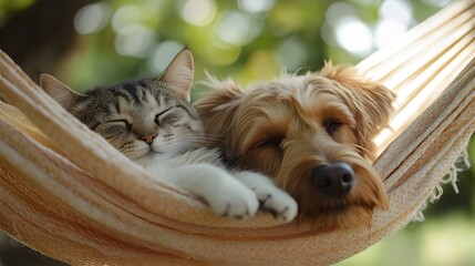 Cat and Dog in a Hammock: A cat and dog relaxing in a hammock together, swaying gently in the breeze. 
