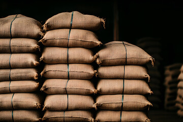 Poster - Burlap Sacks Filled with Harvested Grains Stacked | Organic Farming and Grain Storage