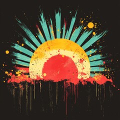 Wall Mural - Abstract sunburst design with vibrant colors and splashes.