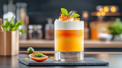 Wall Mural - Layered cocktail with passion fruit foam, sleek modern bar counter