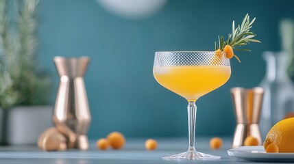 Wall Mural - Luxurious golden cocktail served in an art deco-inspired glass, gold accents on the table