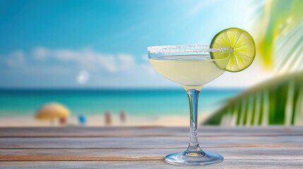 Wall Mural - Margarita glass with salt rim and lime slice, beach scene in the background