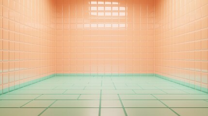 Poster - A bathroom with a pink and green tile floor. The tiles are arranged in a way that creates a sense of depth and space. The room is empty, with no furniture or decorations, giving it a minimalist