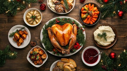 Wall Mural - Christmas dinner table, roasted turkey and traditional side plates, top view
