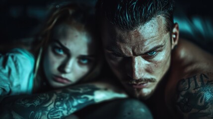 A young couple with prominent tattoos are pictured in an intimate and relaxed setting, their environment hinting at closeness and comfort, with a dim and moody ambiance.