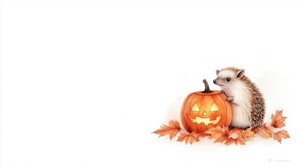 Hedgehog sitting next to a glowing jackolantern, surrounded by fallen leaves and eerie fog, watercolor Halloween illustration, white background with space for text