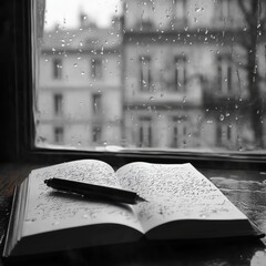 Poster - An open book on a table with rain-soaked window in the background.