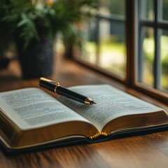 Poster - An open book with a pen, resting on a wooden table by a window.