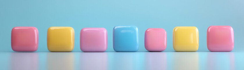 Poster - Six colorful, glossy cubes in pink, yellow, and blue stand neatly against a soft blue background, showcasing a modern and vibrant design element.