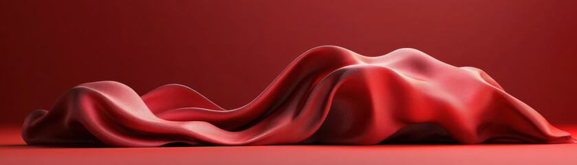 Poster - Luxurious red satin fabric gracefully draped, creating soft, elegant folds and smooth textures on a vibrant background.