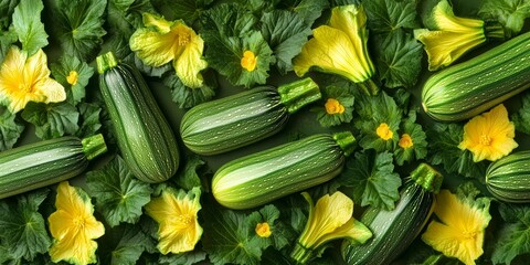 Wall Mural - Fresh green zucchinis with vibrant yellow flowers create a lively garden scene. Perfect for cooking or healthy diets. The style is natural and refreshing. Explore fresh produce. AI