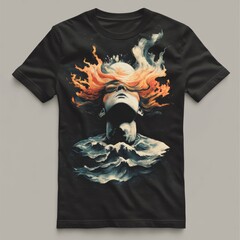 Sticker - Artistic t-shirt design featuring a figure with fiery hair and waves.