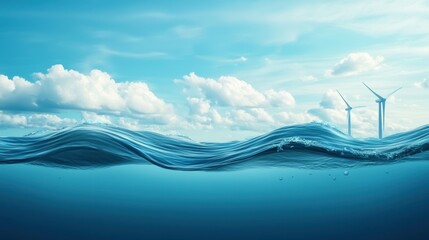 A body of water with two windmills in the distance