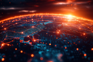 Aufkleber - A digital representation of a global network with interconnected data points, illuminated against a sunset background, symbolizing connectivity and technology.