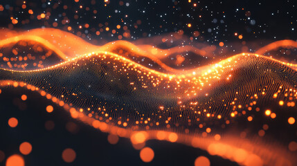 Poster - Mesmerizing abstract background with glowing orange particles and undulating wave patterns, perfect for digital art and technology themes.