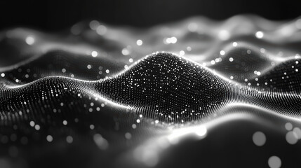 Poster - Abstract digital landscape consisting of flowing lines and dots, creating a futuristic, dynamic wave pattern in black and white.