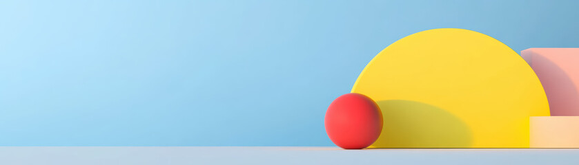 Poster - Minimalist geometric composition with colorful spheres and shapes on a pastel background, evoking modern art design and abstract aesthetics.
