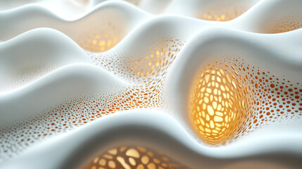 Poster - Abstract   of undulating white surfaces with glowing honeycomb patterns. Aesthetic blend of light and texture in a mesmerizing digital art form.