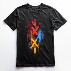 Black t-shirt featuring abstract colorful brushstroke designs.