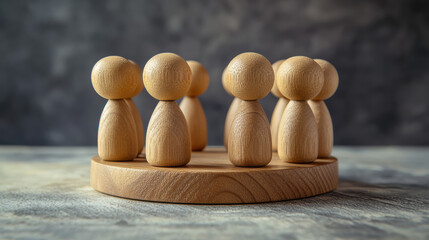 Wooden figures standing in a circle on a round platform, symbolizing unity, teamwork, and community on a rustic wooden surface.