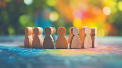 Poster - Wooden figures in a circle on a colorful background symbolize unity, teamwork, collaboration, and social togetherness in a diverse community setting.