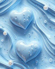 Wall Mural - Blue hearts with bubbles on a flowing surface.