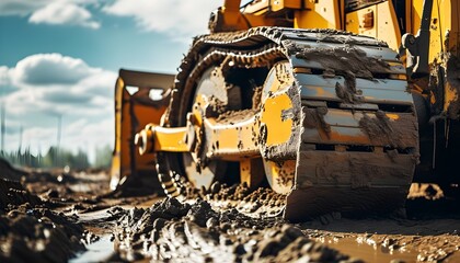 Heavy machinery at work: bulldozer navigating muddy construction site for outdoor labor and progress