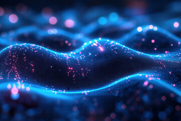 Poster - Abstract digital wave with glowing particles and neon lights, showcasing futuristic technology and innovation.