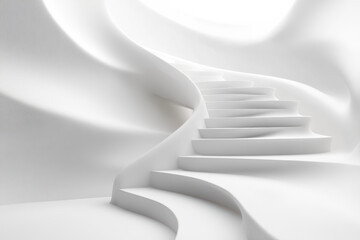 Poster - Modern abstract white staircase with flowing curves and futuristic design, showcasing a minimalist and stylish architectural concept.
