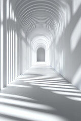 Poster - a serene, futuristic white hallway with arches casting dramatic shadows, creating a sense of depth a
