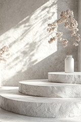 Wall Mural - Elegant minimalist setup with dry flowers in a ceramic vase on round stone podiums, bathed in soft natural light and shadow play.