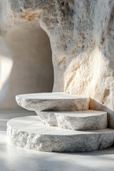 Canvas Print - Elegant stone staircase carved within a natural rock formation, bathed in soft sunlight, showcasing nature-inspired architectural beauty.