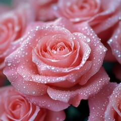 Sticker - Close-up of pink roses with water droplets, showcasing natural beauty.