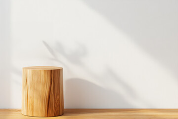 Poster - Sunlit wooden cylinder on a wooden surface with soft shadows on a plain white wall, creating a minimalist and natural aesthetic.