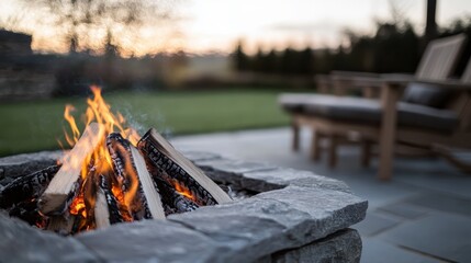 A cozy fire pit with burning wood surrounded by a stone frame, situated on a patio with comfortable seating, ready for an evening of relaxation and warmth.