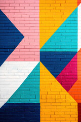 Poster - Vibrant geometric mural with colorful triangles and rectangles on brick wall, featuring modern abstract art perfect for backgrounds or design inspiration.