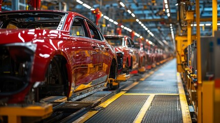 Naklejka na meble Gleaming red car bodies line up on an automated assembly line, showcasing the precision and scale of modern automotive manufacturing processes.