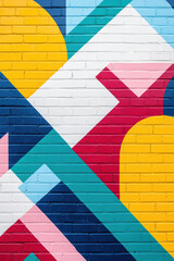 Poster - Vibrant and colorful geometric abstract wall art painting on a brick surface with various shapes in bold hues, perfect for modern backgrounds.