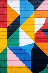 Poster - Vibrant geometric mural on a brick wall showcasing colorful abstract patterns and shapes, creating a lively and dynamic visual effect.