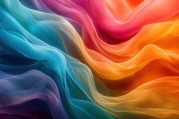 Poster - Vibrant multicolored abstract background with flowing waves of fabric-like textures in blues, purples, reds, and oranges creating a dynamic visual effect.