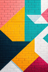 Poster - Colorful geometric mural painted on a brick wall, featuring vibrant shapes and patterns in pink, yellow, teal, black, and white.